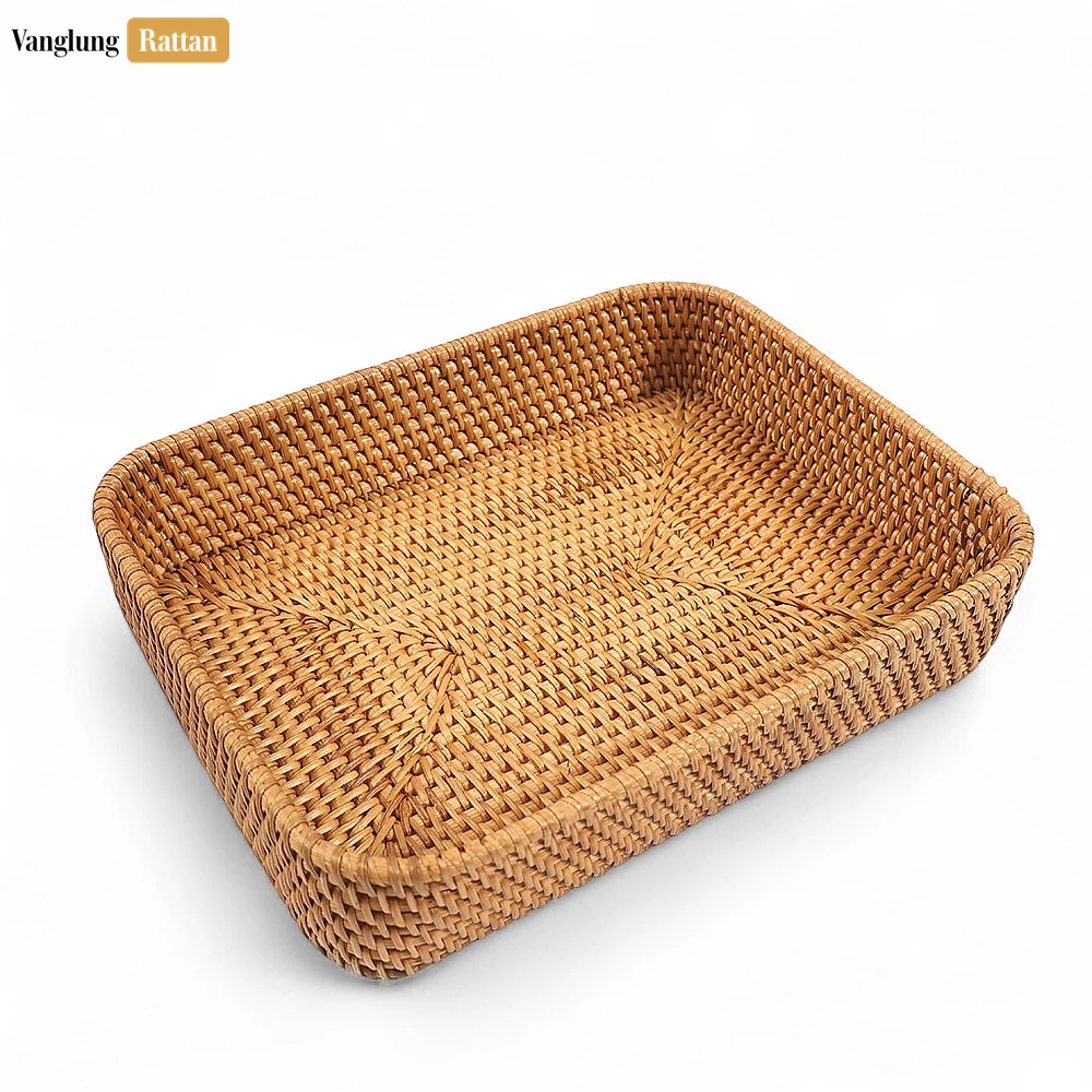 Brown Handwoven Round Rectangle Straw Rattan Basket Serving Tray with Fine Weave - STCN011005 - 🧺 Brown Handwoven Round Rectangle Straw Rattan Basket Serving Tray with Fine Weave - STCN011005