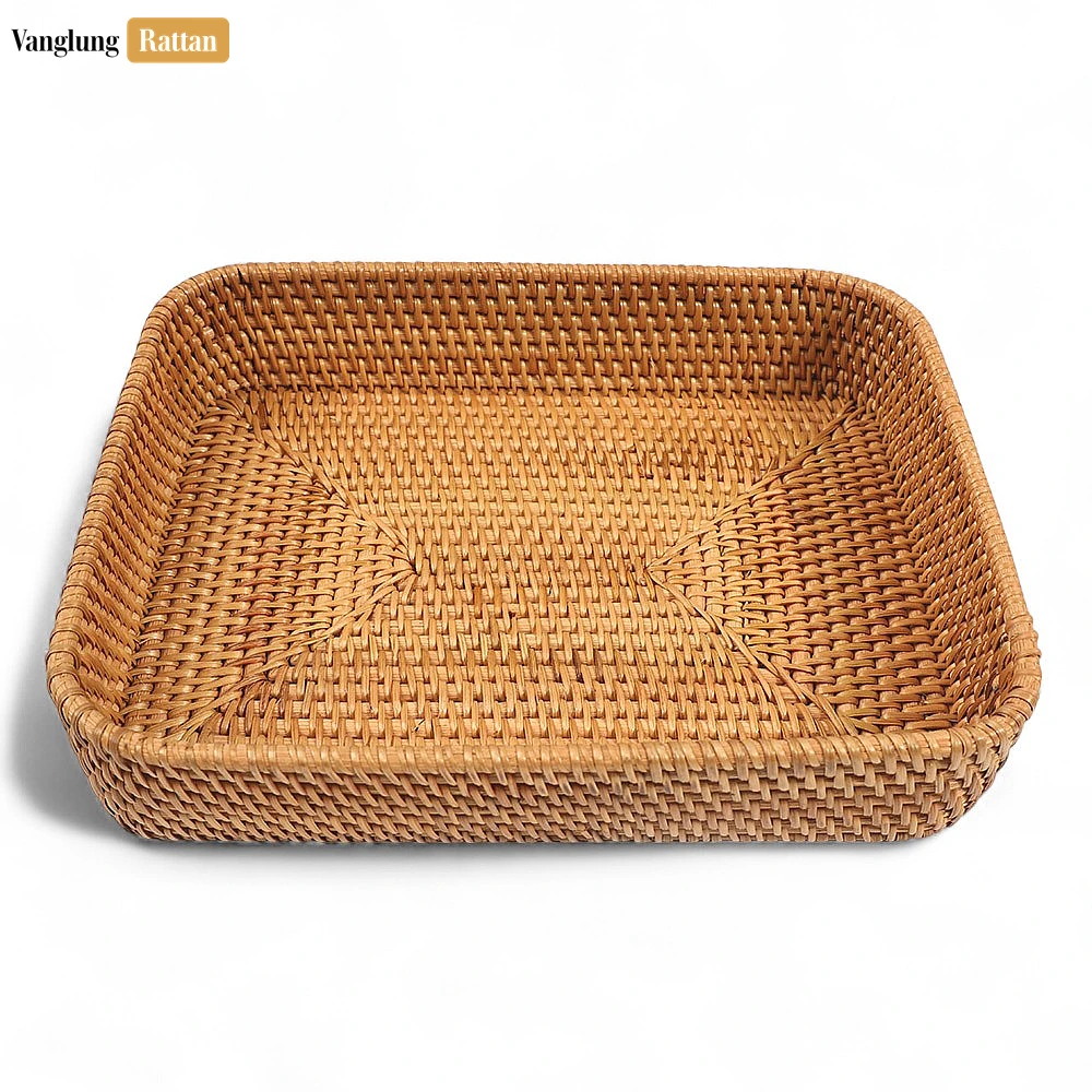Brown Handwoven Round Rectangle Straw Rattan Basket Serving Tray with Fine Weave - STCN011005 - ✨ Product Highlights