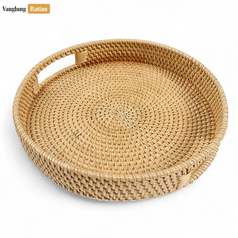 Green Circular Straw Rattan Serving Tray with Integrated Handles - STRO011001GR - Green Circular Straw Rattan Serving Tray with Integrated Handles - STRO011001GR