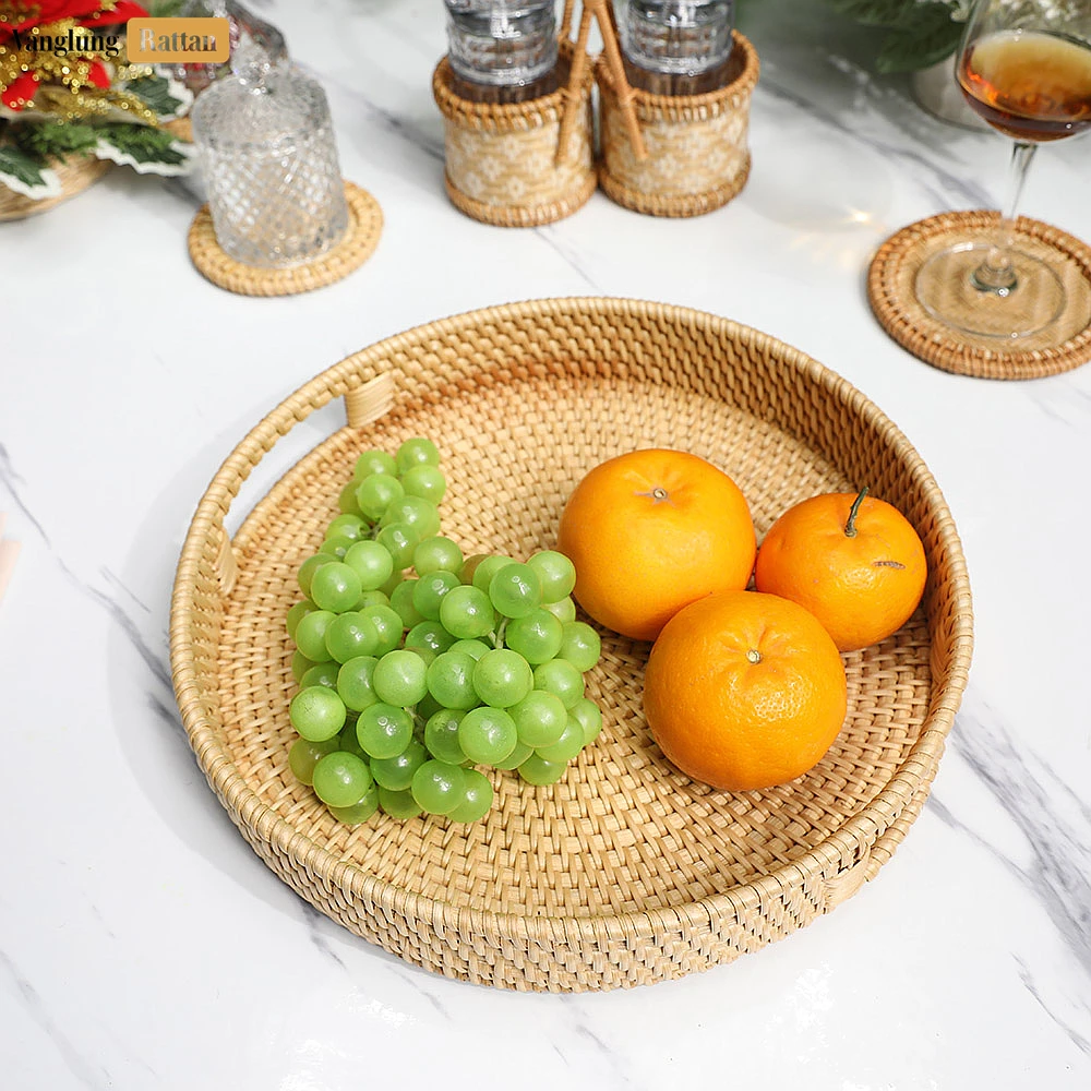 Green Circular Straw Rattan Serving Tray with Integrated Handles - STRO011001GR - 🌿 Product Overview