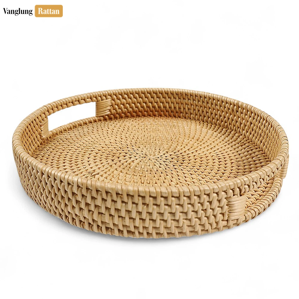 Green Circular Straw Rattan Serving Tray with Integrated Handles - STRO011001GR - 🍽️ Applications