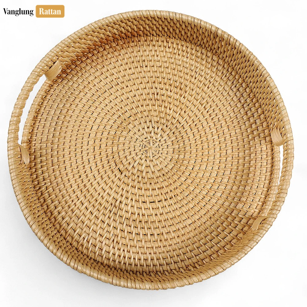 Green Circular Straw Rattan Serving Tray with Integrated Handles - STRO011001GR - ⭐ Product Highlights