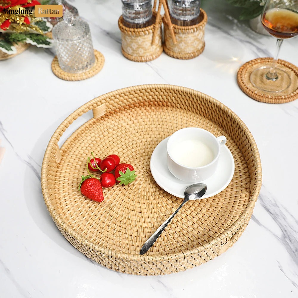 Green Circular Straw Rattan Serving Tray with Integrated Handles - STRO011001GR - Q: How do I clean and maintain my rattan serving tray?