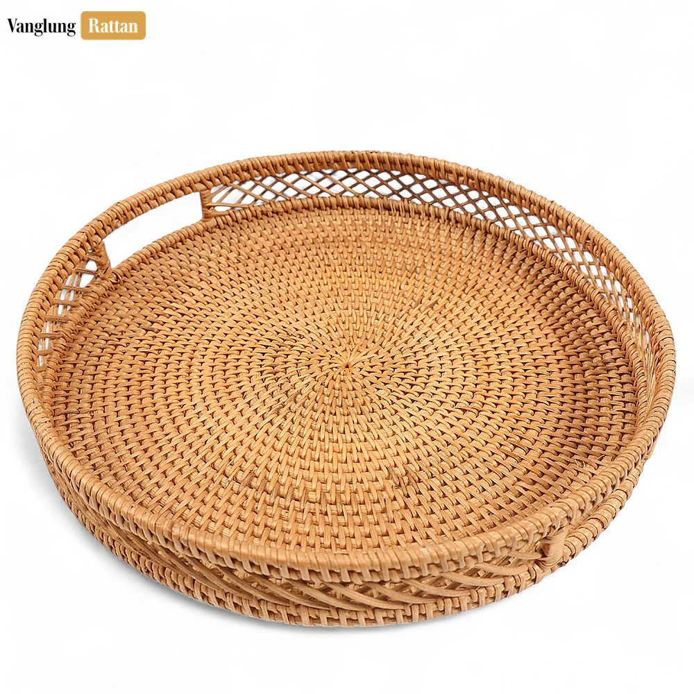Green Round Handwoven Straw Rattan Handles Serving Tray with Diamond Weave Border - STRO011002 - 🌿 Green Round Handwoven Straw Rattan Handles Serving Tray with Diamond Weave Border - STRO011002