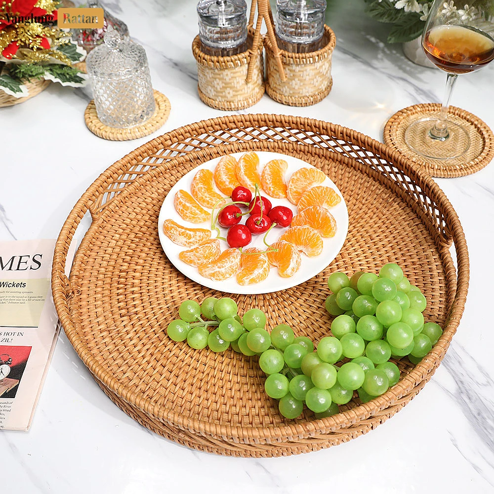 Green Round Handwoven Straw Rattan Handles Serving Tray with Diamond Weave Border - STRO011002 - 🎯 Product Overview