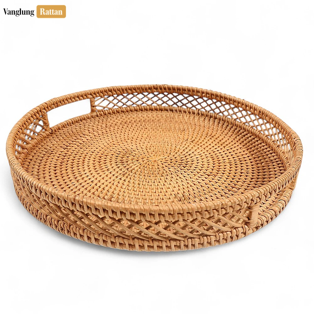 Green Round Handwoven Straw Rattan Handles Serving Tray with Diamond Weave Border - STRO011002 - 🏠 Applications