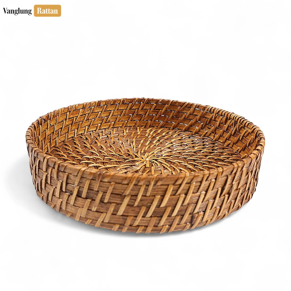 Handmade Brown Deep Round, Bamboo Rattan Serving Tray with Spiral Weave - STRO051004SE - 📏 Size Options