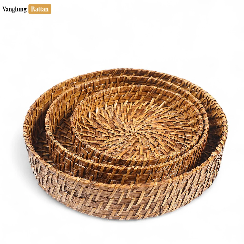 Handmade Brown Deep Round, Bamboo Rattan Serving Tray with Spiral Weave - STRO051004SE - ⭐ Product Highlights