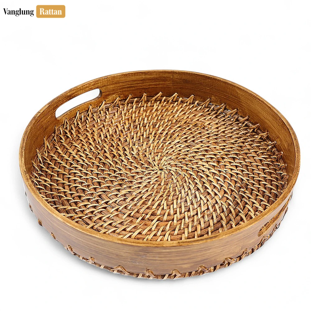 Handmade Brown Wicker Weave Circular Handles Rattan Serving Tray - STRO021003 - 🌿 Handmade Brown Wicker Weave Circular Handles Rattan Serving Tray - STRO021003
