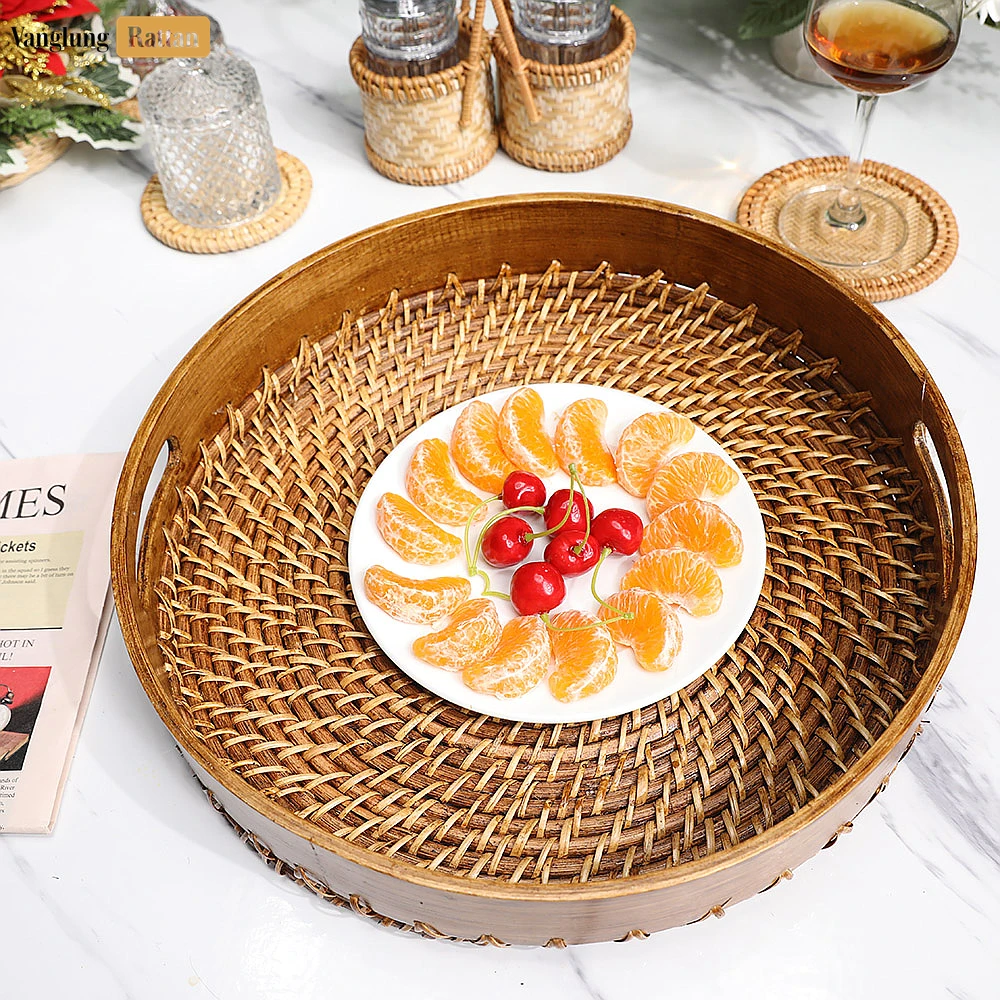 Handmade Brown Wicker Weave Circular Handles Rattan Serving Tray - STRO021003 - 🍽️ Applications