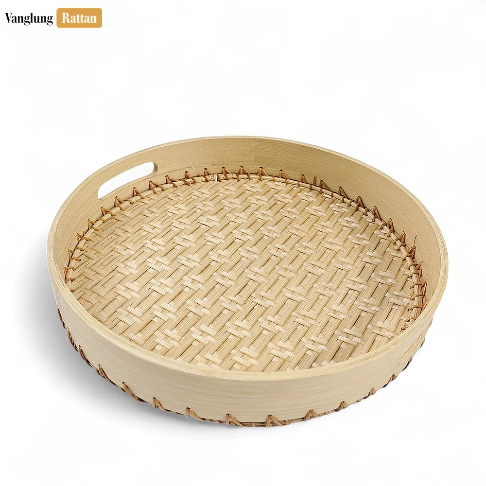 Handmade Natural Round Bamboo Rattan Handles Serving Tray with Twilled Twos Weave - STRO011012 - 🌿 Handmade Natural Round Bamboo Rattan Handles Serving Tray with Twilled Twos Weave - STRO011012
