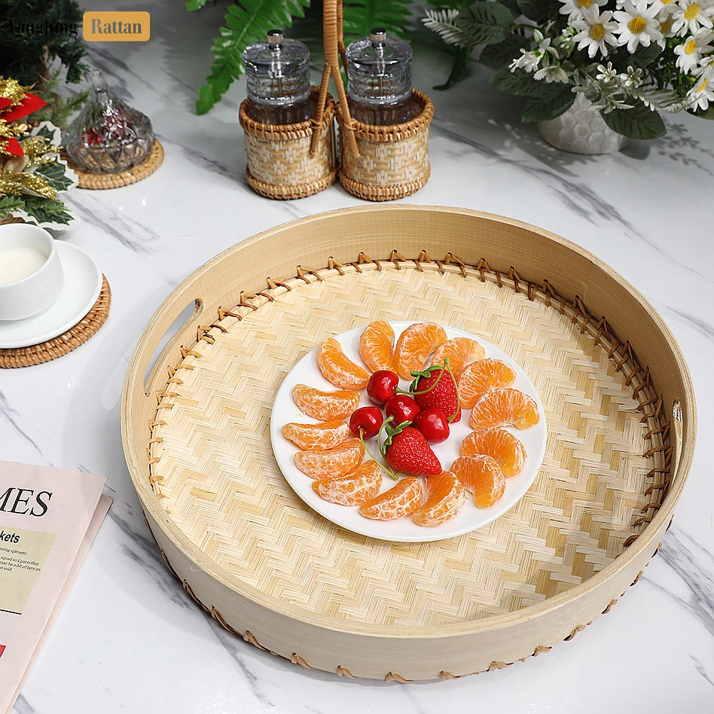 Handmade Natural Round Bamboo Rattan Handles Serving Tray with Twilled Twos Weave - STRO011012 - 🏡 Applications