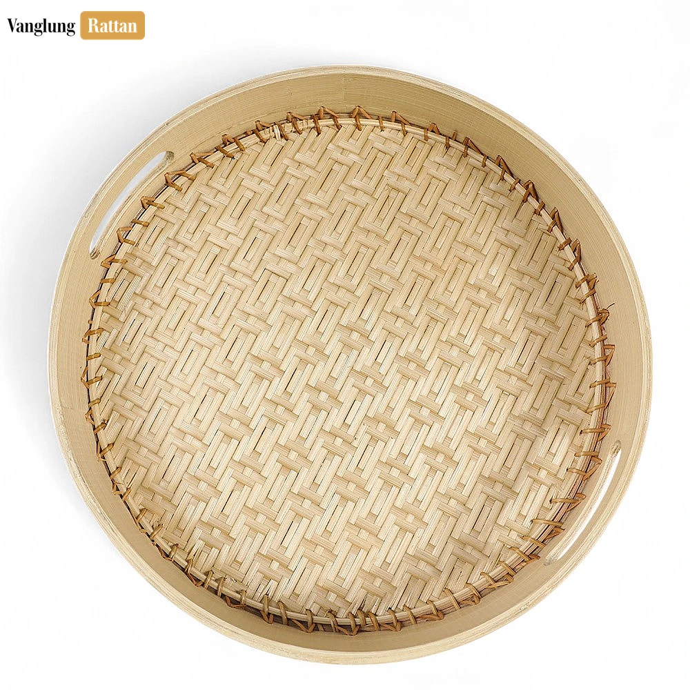 Handmade Natural Round Bamboo Rattan Handles Serving Tray with Twilled Twos Weave - STRO011012 - ✨ Product Highlights