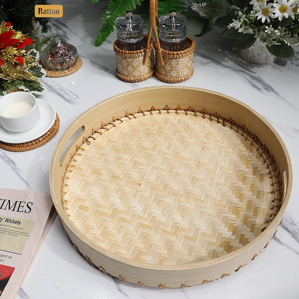 Handmade Natural Round Bamboo Rattan Handles Serving Tray with Twilled Twos Weave - STRO011012 - Q: What makes the twilled twos weave pattern special?