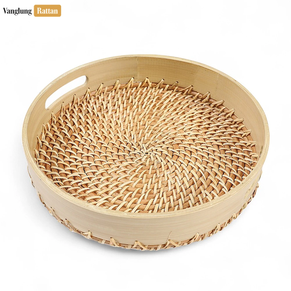 Handmade Natural Wicker Weave Circular Handles Rattan Serving Tray - STRO021003NA - 🌿 Handmade Natural Wicker Weave Circular Handles Rattan Serving Tray - STRO021003NA