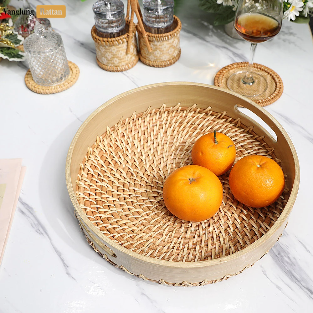 Handmade Natural Wicker Weave Circular Handles Rattan Serving Tray - STRO021003NA - 🍽️ Applications
