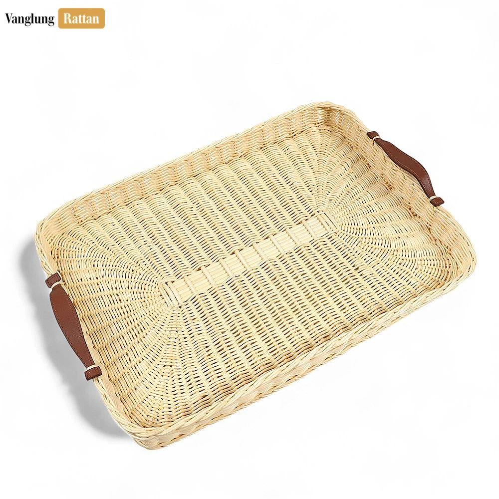 Handmade Rectangle Rattan Serving Tray with Brown Leather Handles and Sunburst Weave - ST03HQ1004 - 🌟 Handmade Rectangle Rattan Serving Tray with Brown Leather Handles and Sunburst Weave - ST03HQ1004