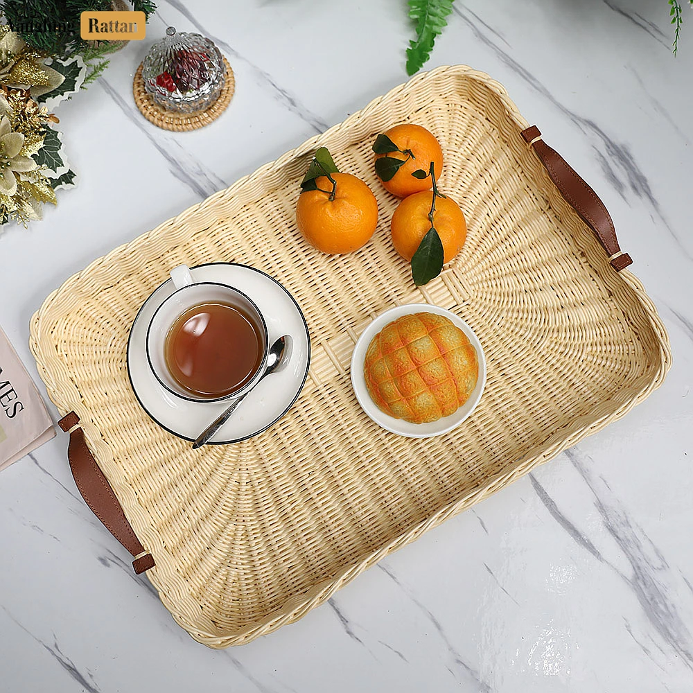 Handmade Rectangle Rattan Serving Tray with Brown Leather Handles and Sunburst Weave - ST03HQ1004 - 🍽️ Applications