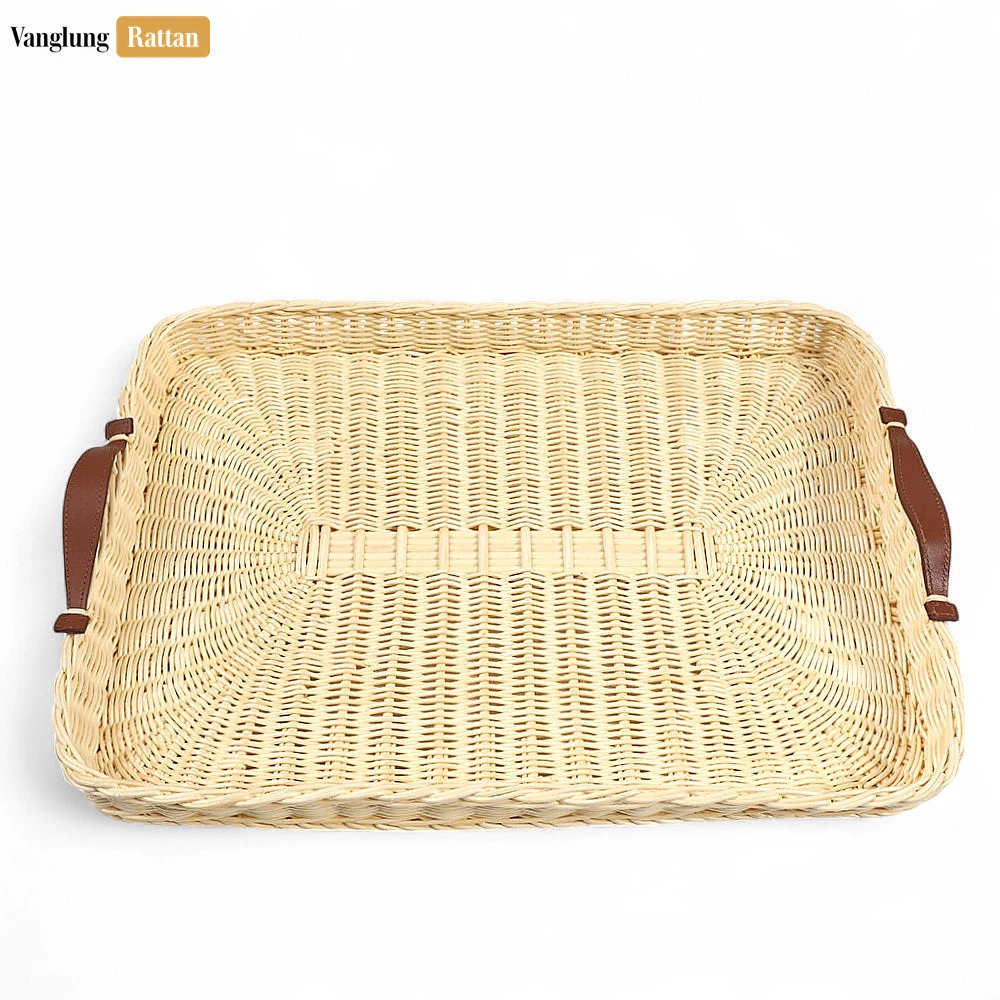 Handmade Rectangle Rattan Serving Tray with Brown Leather Handles and Sunburst Weave - ST03HQ1004 - ✨ Product Highlights