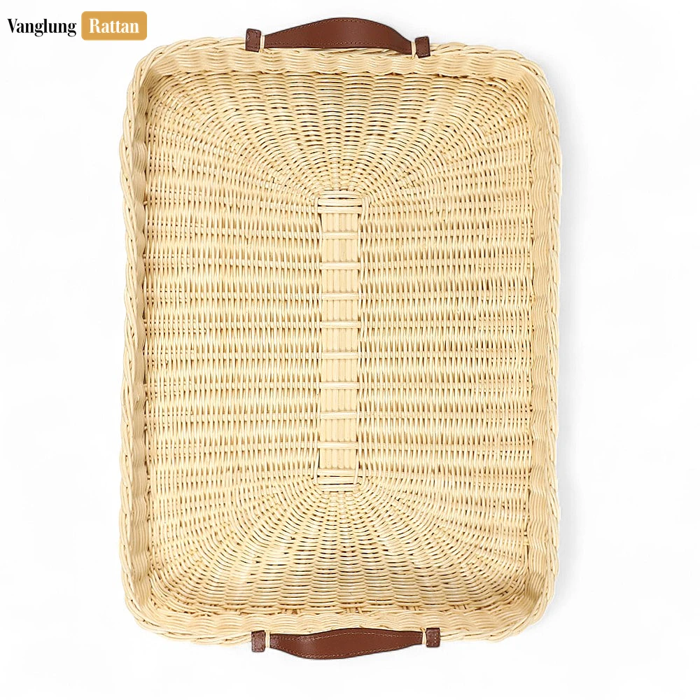 Handmade Rectangle Rattan Serving Tray with Brown Leather Handles and Sunburst Weave - ST03HQ1004 - 🏆 Why Choose VanglungRattan