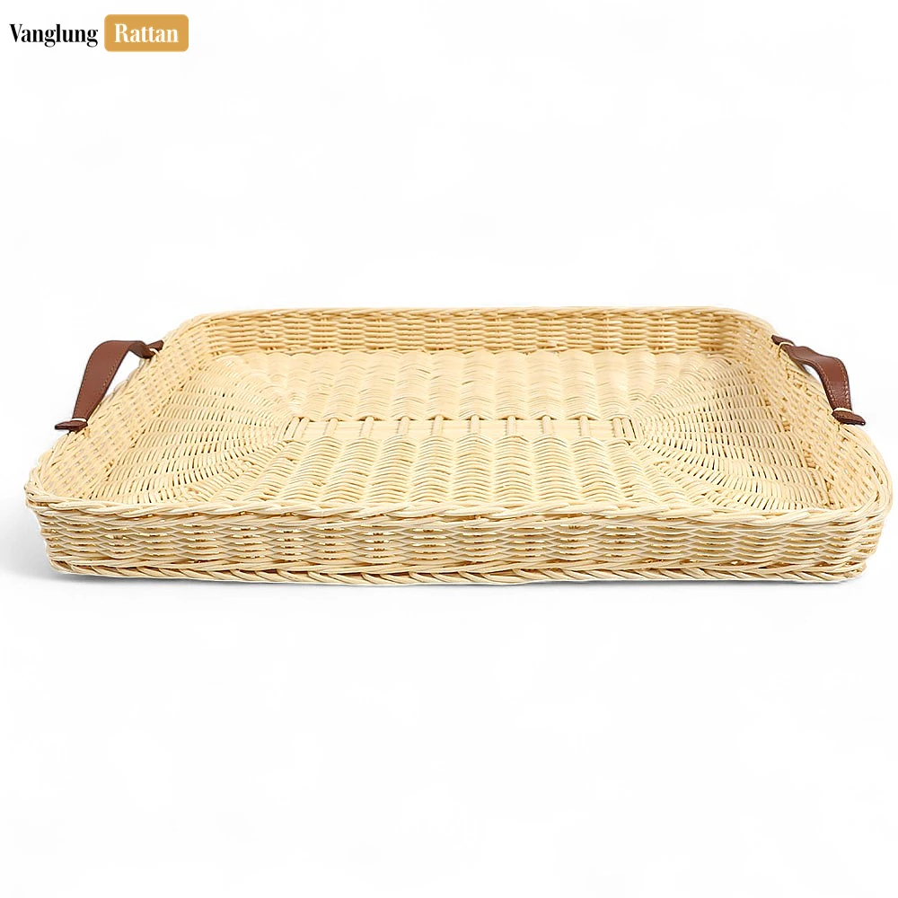 Handmade Rectangle Rattan Serving Tray with Brown Leather Handles and Sunburst Weave - ST03HQ1004 - Q: How do I clean and maintain my rattan serving tray?