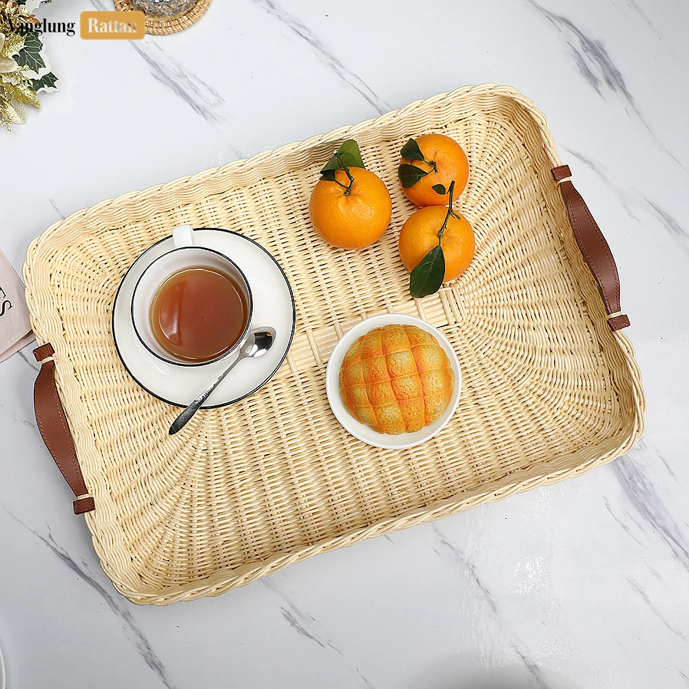 Handmade Rectangle Rattan Serving Tray with Brown Leather Handles and Sunburst Weave - ST03HQ1004 - Q: Is this tray suitable for hot dishes?