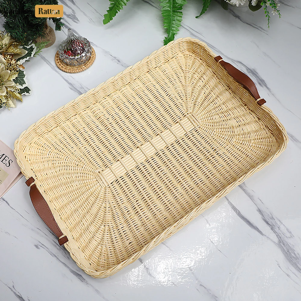 Handmade Rectangle Rattan Serving Tray with Brown Leather Handles and Sunburst Weave - ST03HQ1004 - Q: Can this serving tray be used outdoors?