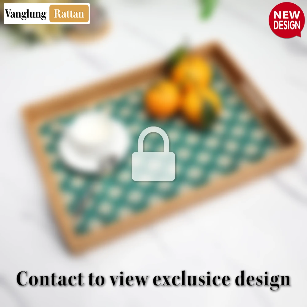 Handmade Rectangular Bamboo Rattan Handles Serving Tray with Emerald Green and Natural Diamond Weave - STCN013008-2.webp