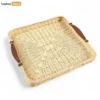 Handmade Square Rattan Serving Tray with Brown Leather Handles and Sunburst Weave - ST03HQ1003-1.webp