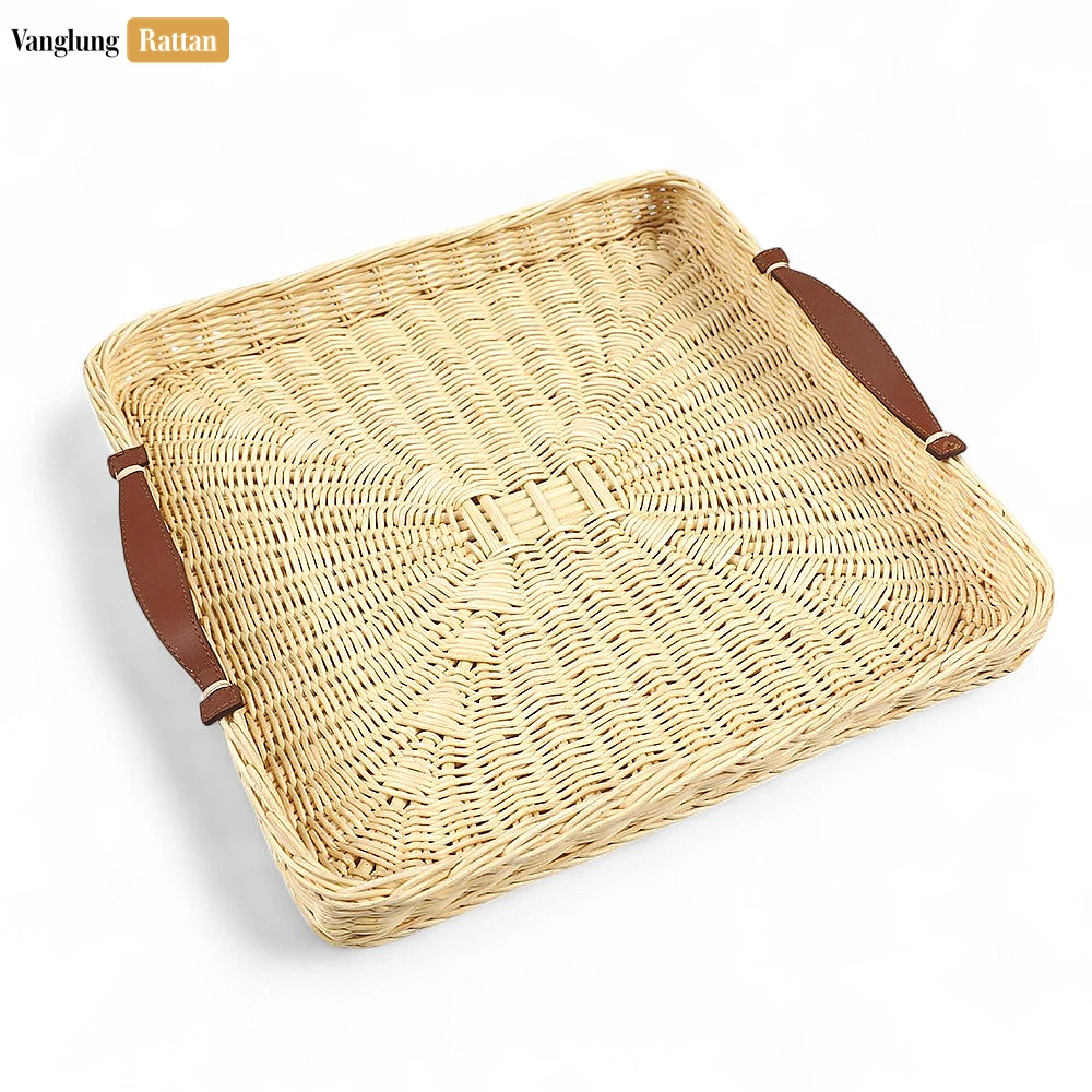 Handmade Square Rattan Serving Tray with Brown Leather Handles and Sunburst Weave - ST03HQ1003 - 🌟 Handmade Square Rattan Serving Tray with Brown Leather Handles and Sunburst Weave - ST03HQ1003
