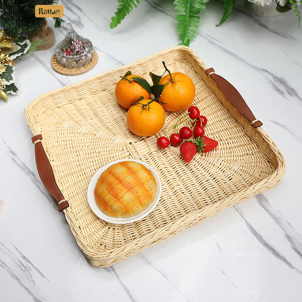 Handmade Square Rattan Serving Tray with Brown Leather Handles and Sunburst Weave - ST03HQ1003 - 🎨 Product Overview