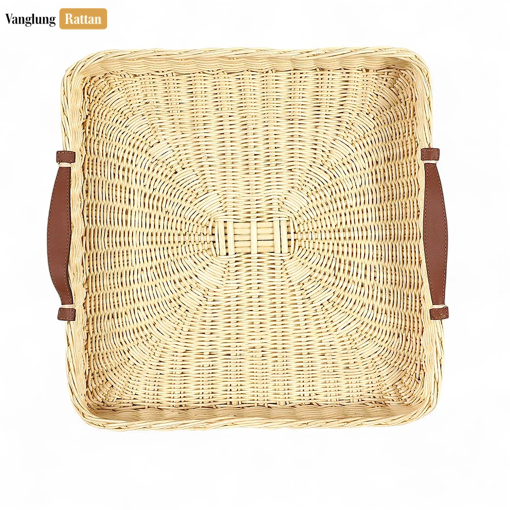 Handmade Square Rattan Serving Tray with Brown Leather Handles and Sunburst Weave - ST03HQ1003 - 🏠 Applications