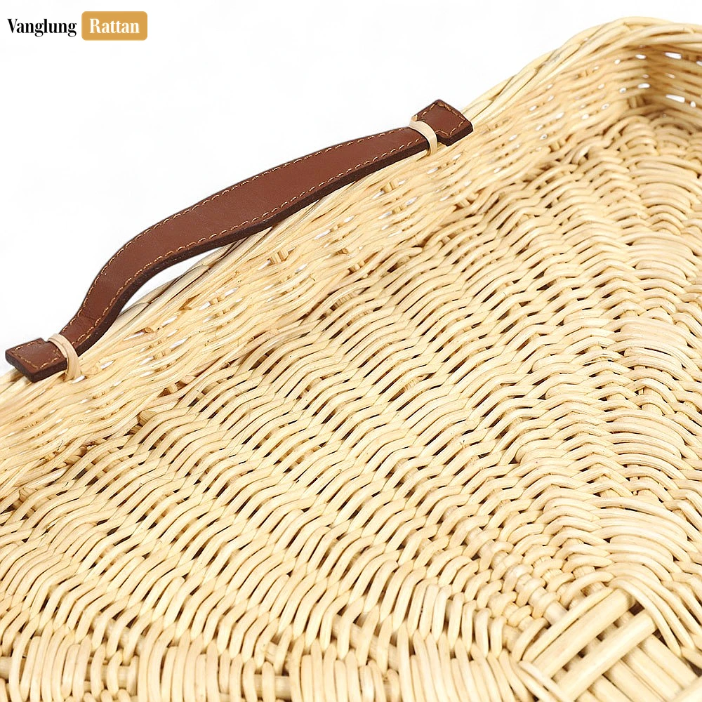 Handmade Square Rattan Serving Tray with Brown Leather Handles and Sunburst Weave - ST03HQ1003 - ✨ Product Highlights