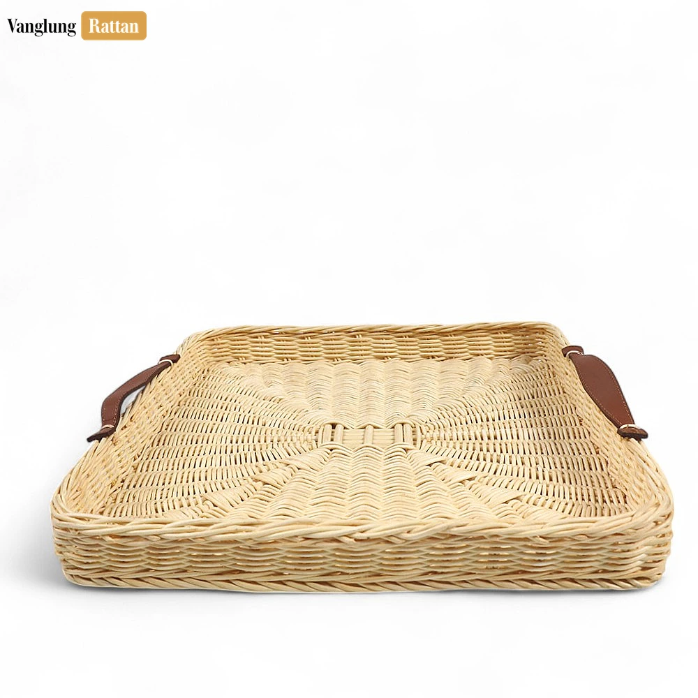Handmade Square Rattan Serving Tray with Brown Leather Handles and Sunburst Weave - ST03HQ1003 - 🏆 Why Choose VanglungRattan?