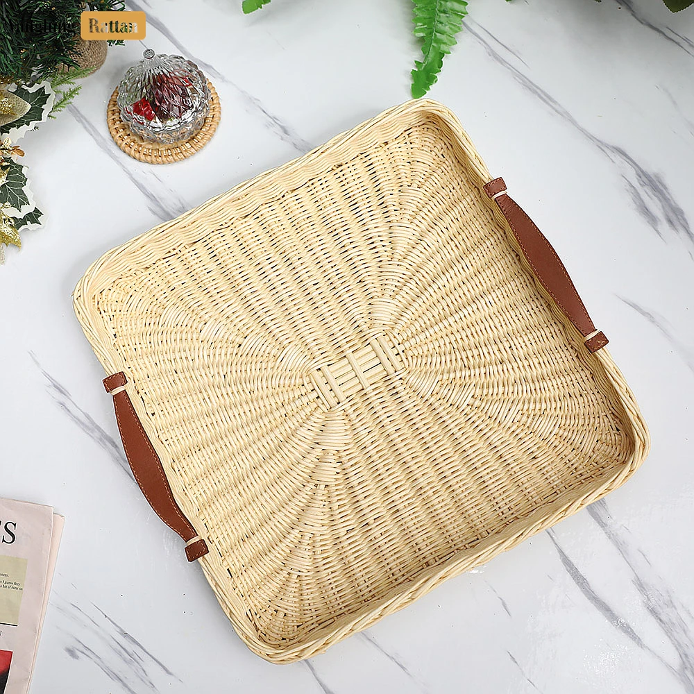 Handmade Square Rattan Serving Tray with Brown Leather Handles and Sunburst Weave - ST03HQ1003 - ❓ Frequently Asked Questions
