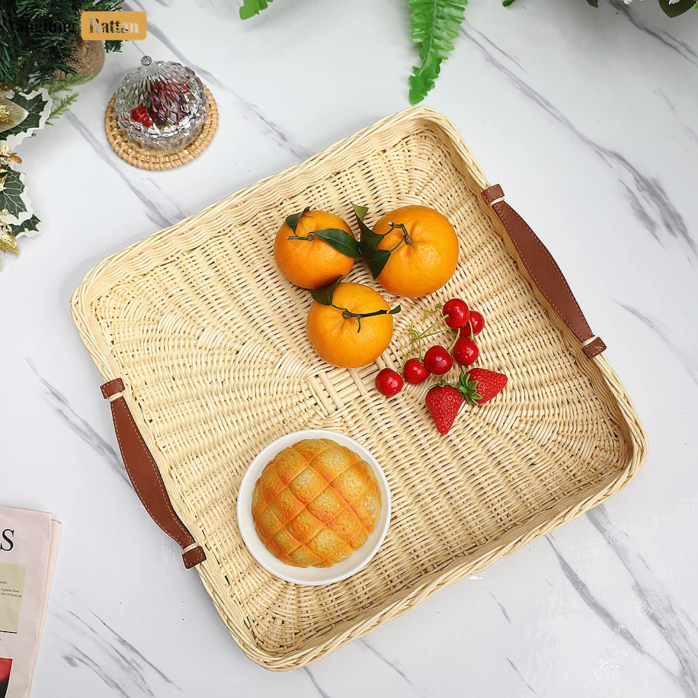 Handmade Square Rattan Serving Tray with Brown Leather Handles and Sunburst Weave - ST03HQ1003 - Q: How do I properly care for my rattan serving tray?