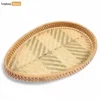 Handmade Teardrop Shape Bamboo Rattan Serving Tray with Green and Natural Herringbone Weave - STDR013006-1.webp