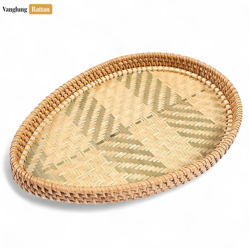 Handmade Teardrop Shape Bamboo Rattan Serving Tray with Green and Natural Herringbone Weave - STDR013006-1.webp