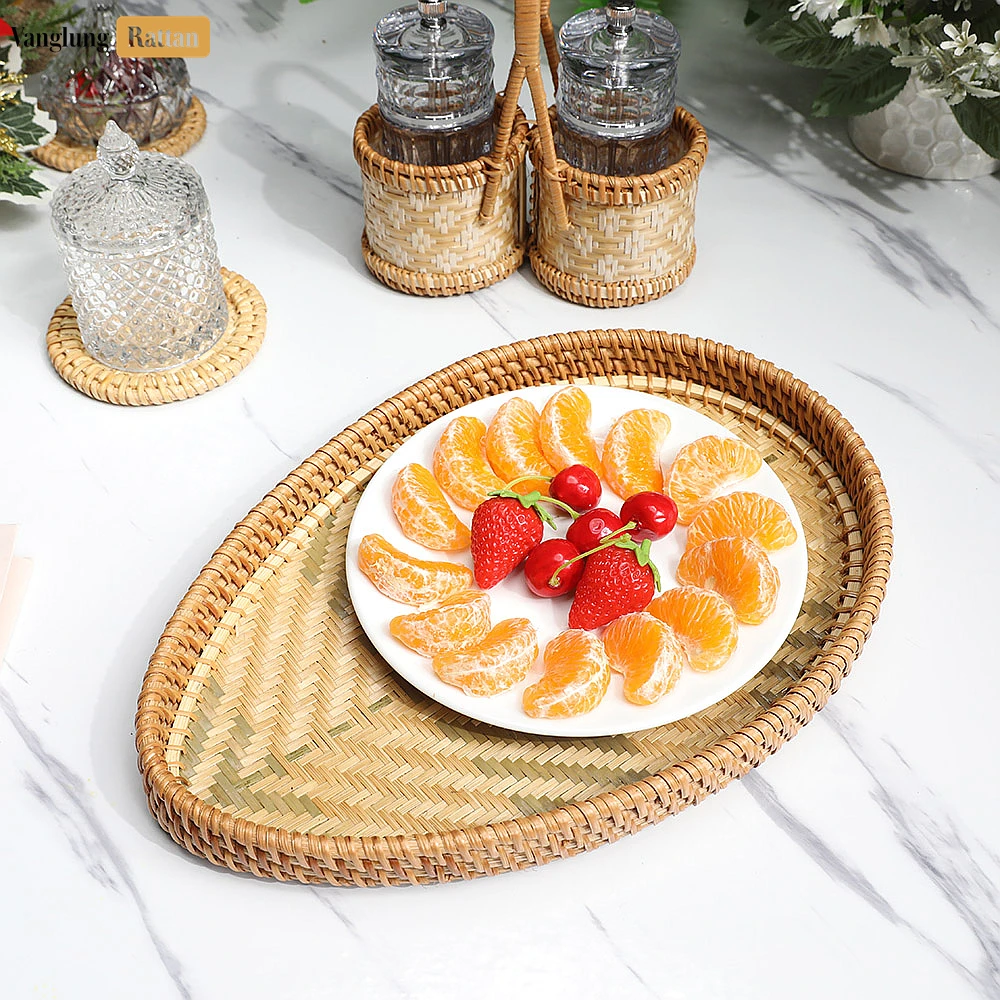 Handmade Teardrop Shape Bamboo Rattan Serving Tray with Green and Natural Herringbone Weave - STDR013006-2.webp