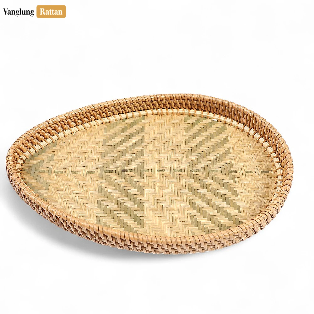 Handmade Teardrop Shape Bamboo Rattan Serving Tray with Green and Natural Herringbone Weave - STDR013006 - ✨ Product Highlights
