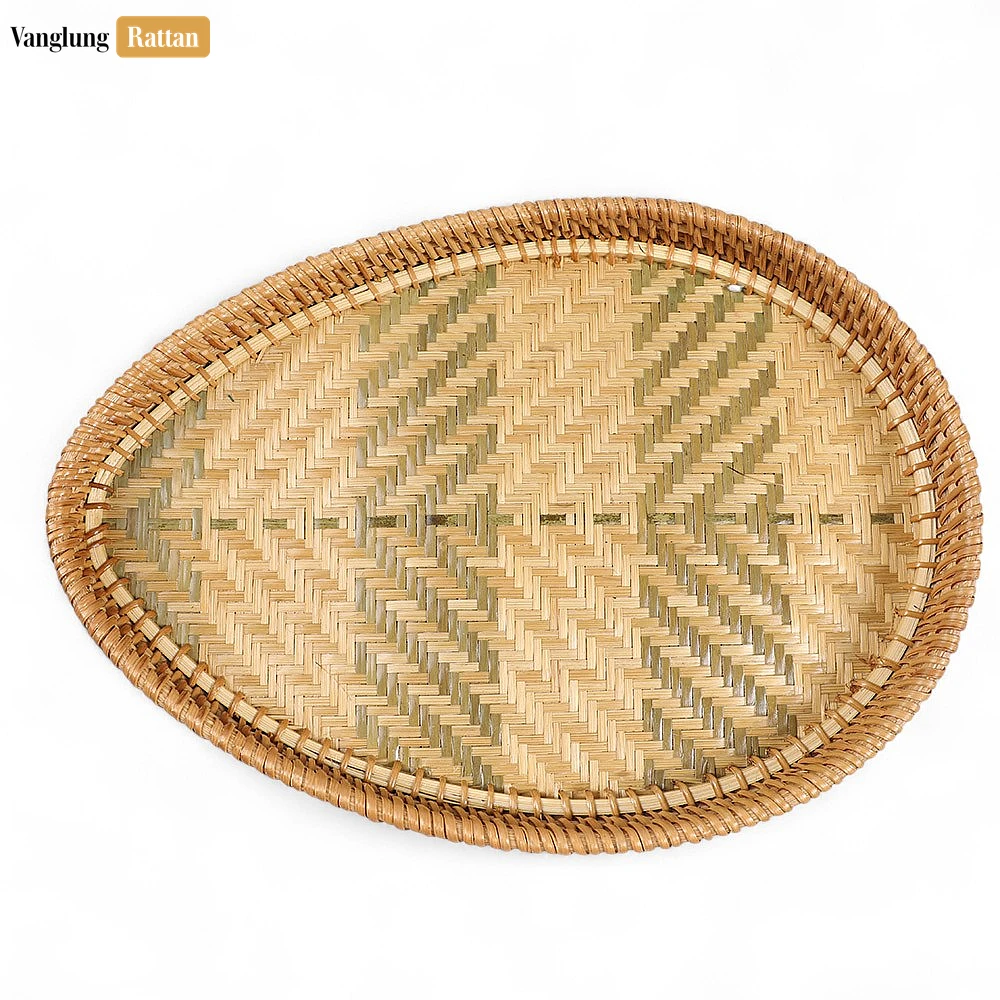 Handmade Teardrop Shape Bamboo Rattan Serving Tray with Green and Natural Herringbone Weave - STDR013006 - 🏆 Why Choose VanglungRattan