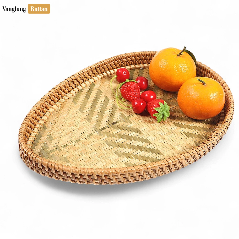 Handmade Teardrop Shape Bamboo Rattan Serving Tray with Green and Natural Herringbone Weave - STDR013006 - Q: How do I properly care for my bamboo rattan serving tray?