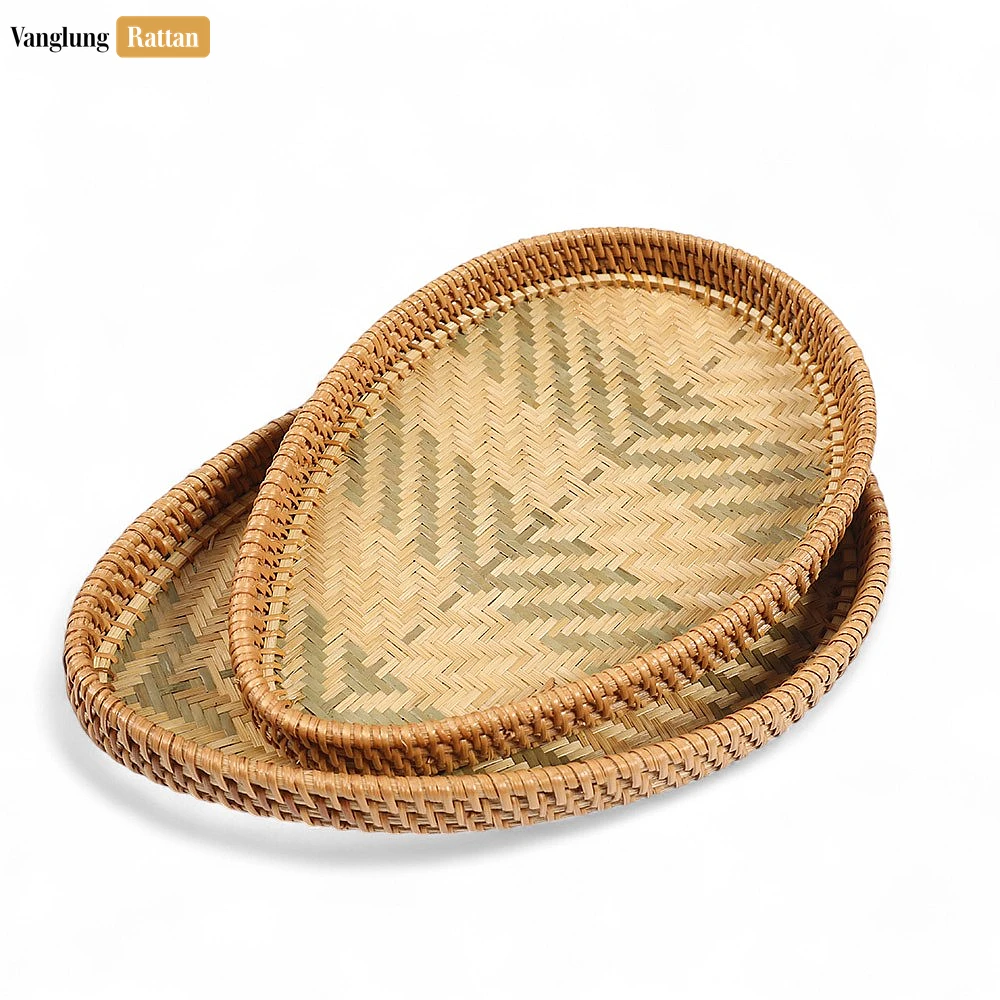 Handmade Teardrop Shape Bamboo Rattan Serving Tray with Green and Natural Herringbone Weave - STDR013006 - Q: Is the green color natural or treated?