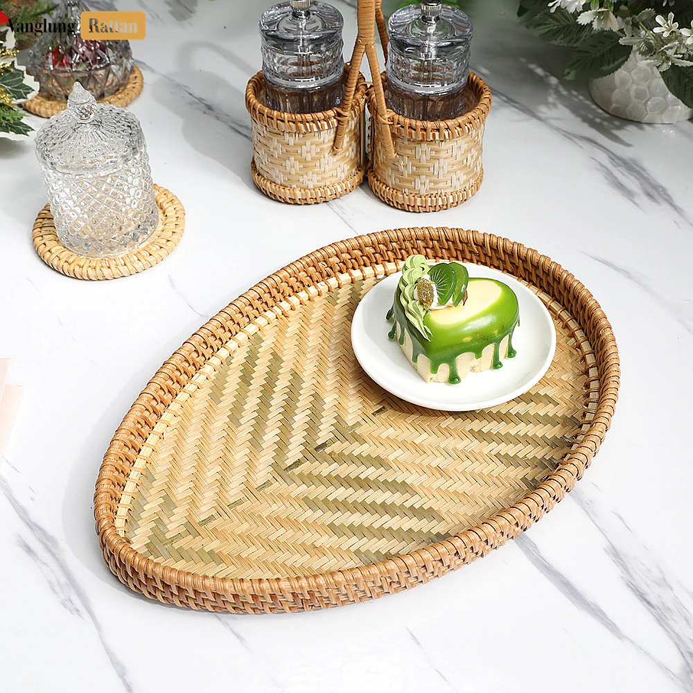 Handmade Teardrop Shape Bamboo Rattan Serving Tray with Green and Natural Herringbone Weave - STDR013006 - Q: Can this tray be used for hot items?