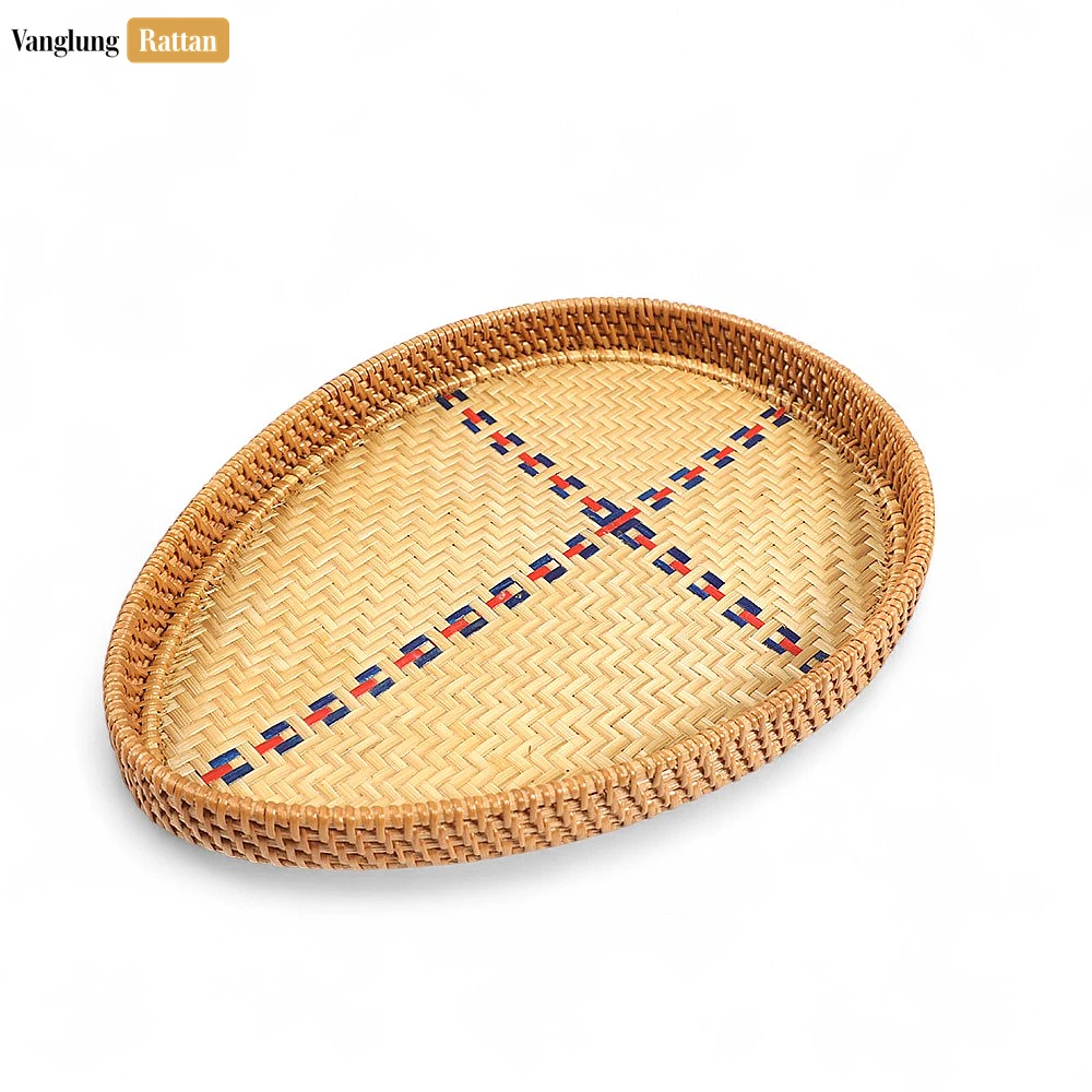 Handmade Teardrop Shape Bamboo Rattan Serving Tray with Green and Natural Herringbone Weave and Blue Red Cross Pattern - STDR013007-1.webp