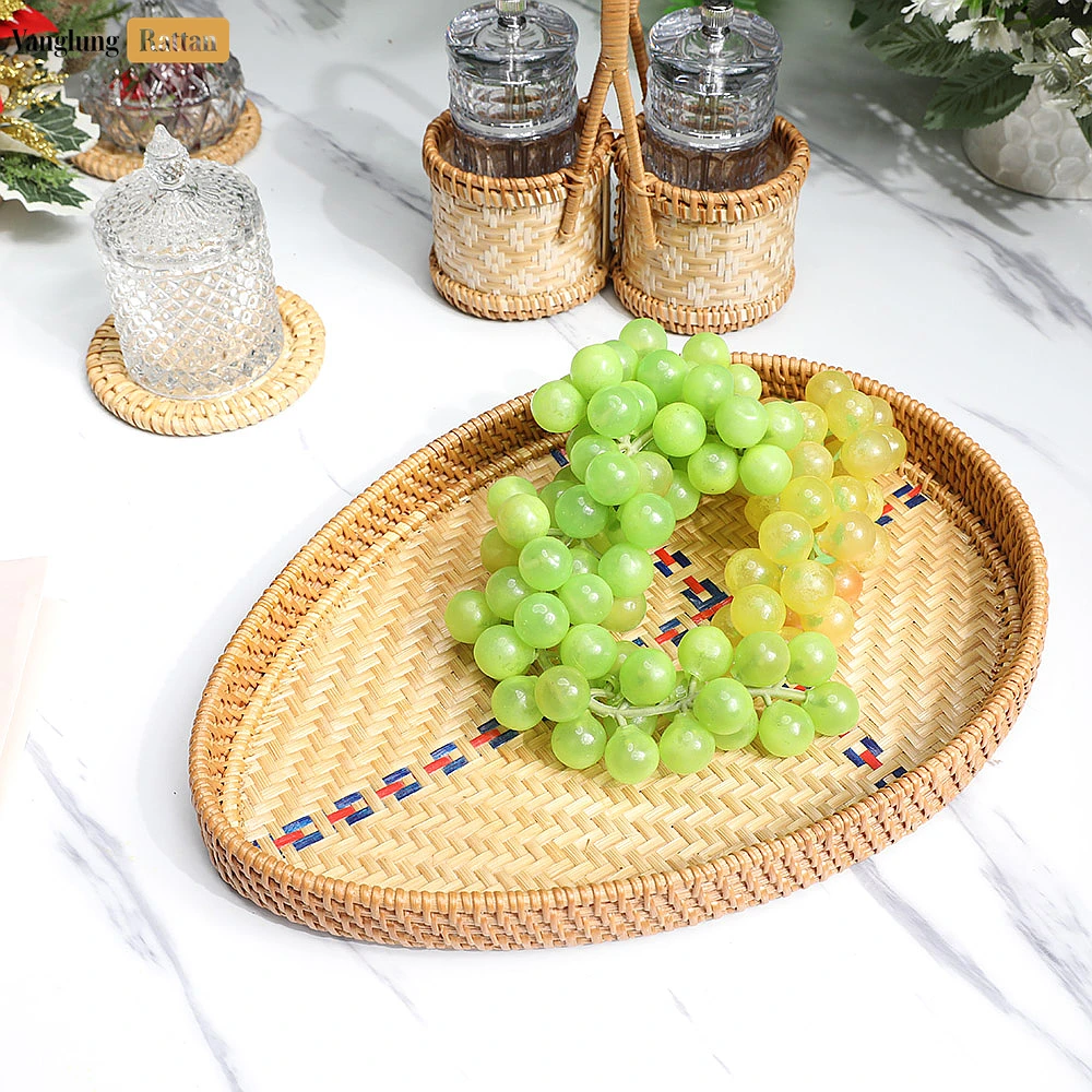 Handmade Teardrop Shape Bamboo Rattan Serving Tray with Green and Natural Herringbone Weave and Blue Red Cross Pattern - STDR013007-2.webp