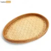Handmade Teardrop Shape Bamboo Rattan Serving Tray with Green and Natural Intricate Geometric Labyrinth Weave - STDR013008-1.webp