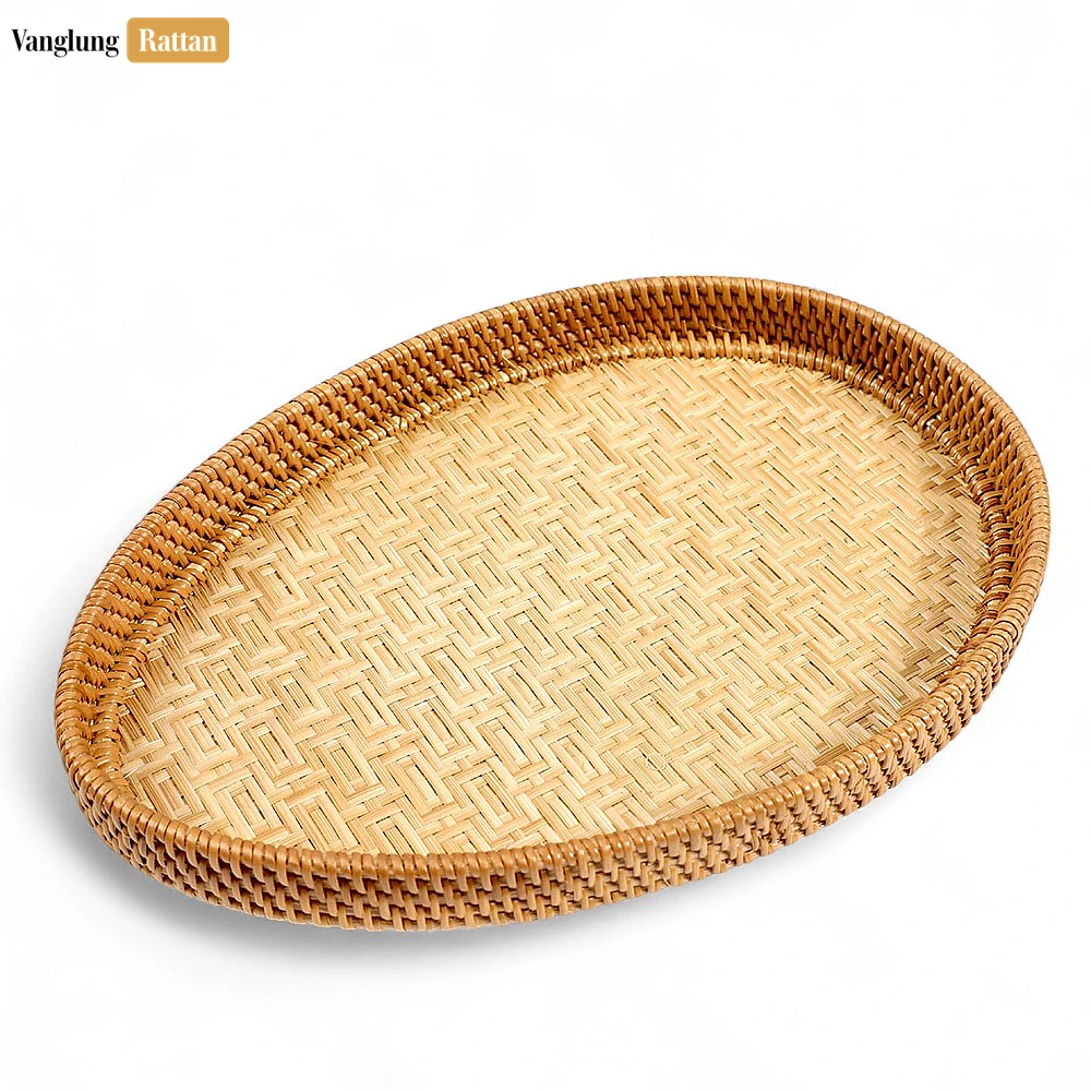 Handmade Teardrop Shape Bamboo Rattan Serving Tray with Green and Natural Intricate Geometric Labyrinth Weave - STDR013008-1.webp