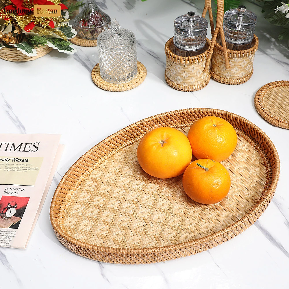 Handmade Teardrop Shape Bamboo Rattan Serving Tray with Green and Natural Intricate Geometric Labyrinth Weave - STDR013008-2.webp