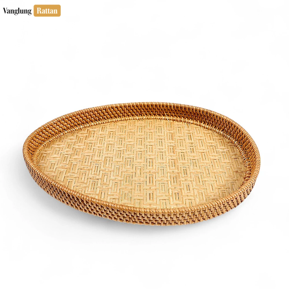Handmade Teardrop Shape Bamboo Rattan Serving Tray with Green and Natural Intricate Geometric Labyrinth Weave - STDR013008 - ✨ Product Highlights